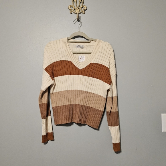 CLEARANCE Striped V-Neck Sweater - Cream and Brown - Picture 2 of 5